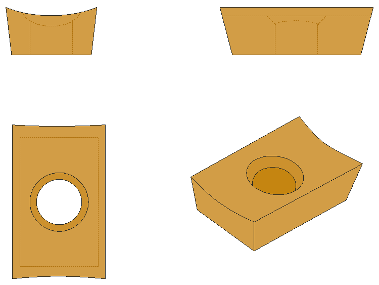 Darstellung einer Anfasplatte in vier verschiedenen Ansichten. Die Anfasplatte ist ein wichtiges Werkzeug zum präzisen Anfasen von Kanten. In den verschiedenen Ansichten werden die unterschiedlichen Seiten und Formen der Anfasplatte verdeutlicht.